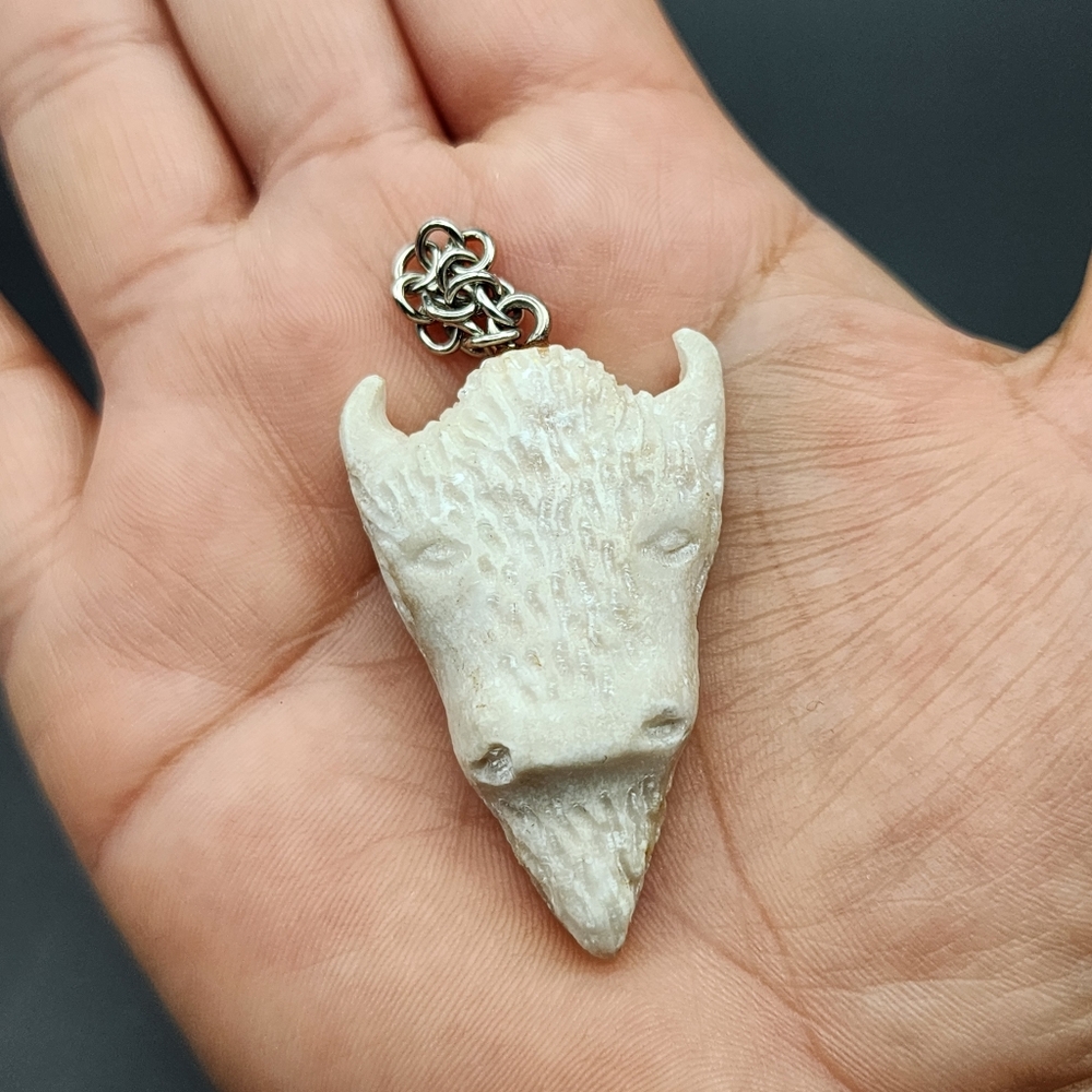 Small Hand Carved White Bone Bison Head Pendant/Charm/Keychain